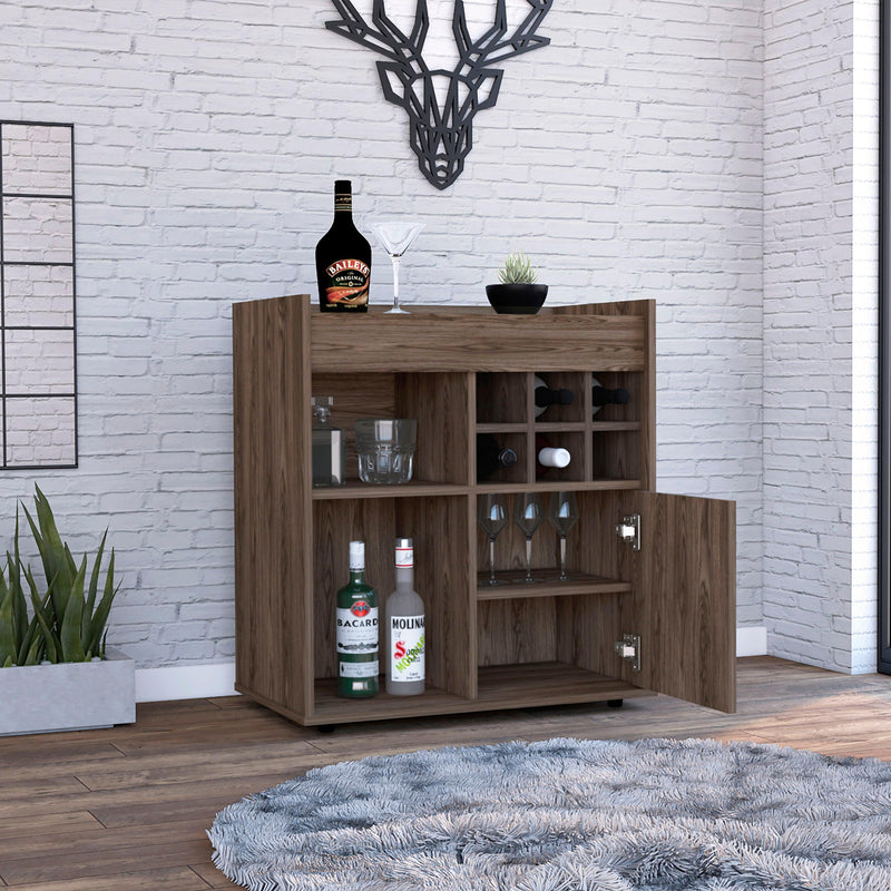 Bar Cabinet Dext, Two Concealed Shelves, Six Wine Cubbies, Dark Walnut Finish - Supfirm