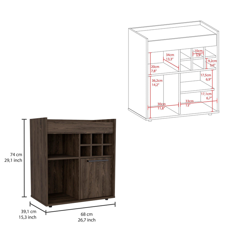 Bar Cabinet Dext, Two Concealed Shelves, Six Wine Cubbies, Dark Walnut Finish - Supfirm