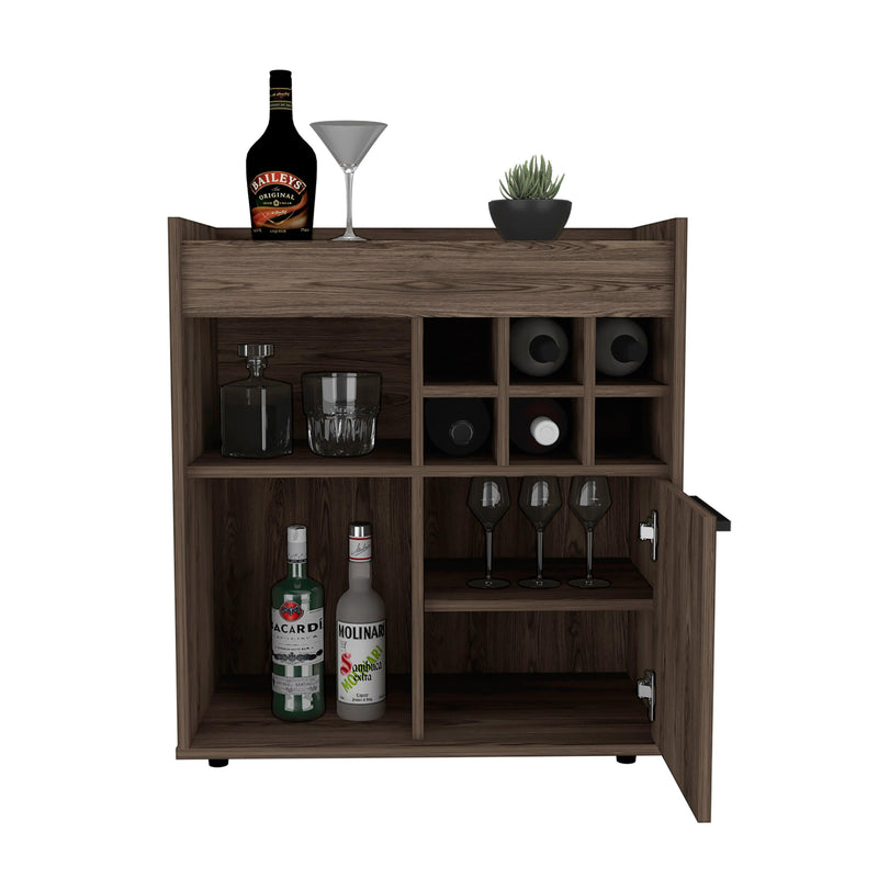 Bar Cabinet Dext, Two Concealed Shelves, Six Wine Cubbies, Dark Walnut Finish - Supfirm