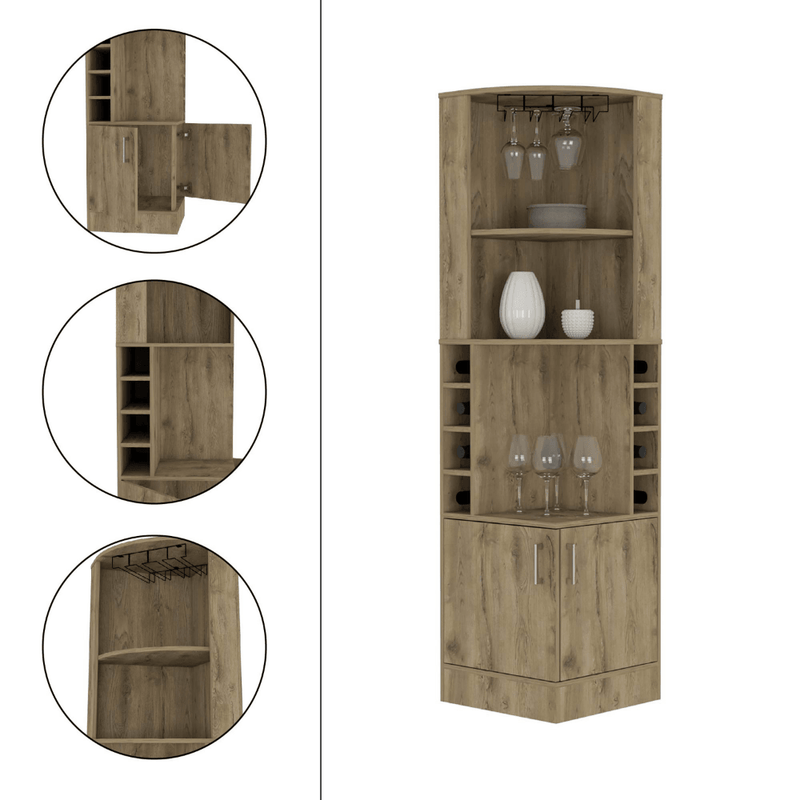 Bar Cabinet Papprika, 8 Wine Cubbies, Double Door, Dark Brown Finish - Supfirm