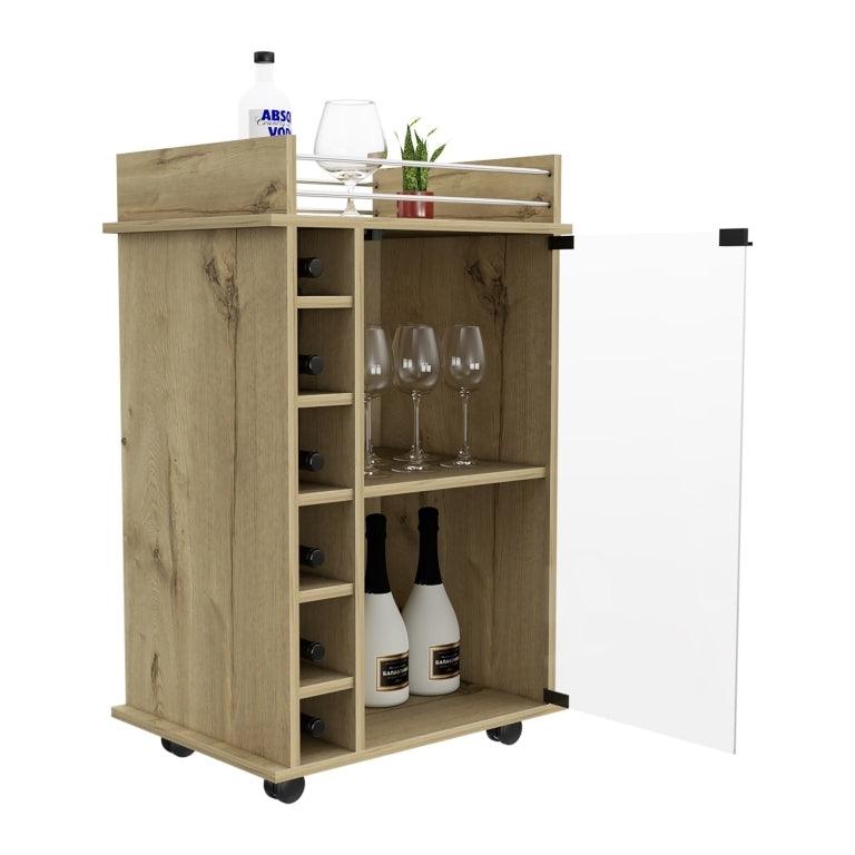 Bar Cart Baltimore, Two Tier Cabinet With Glass Door, Six Wine Cubbies, Light Oak Finish - Supfirm
