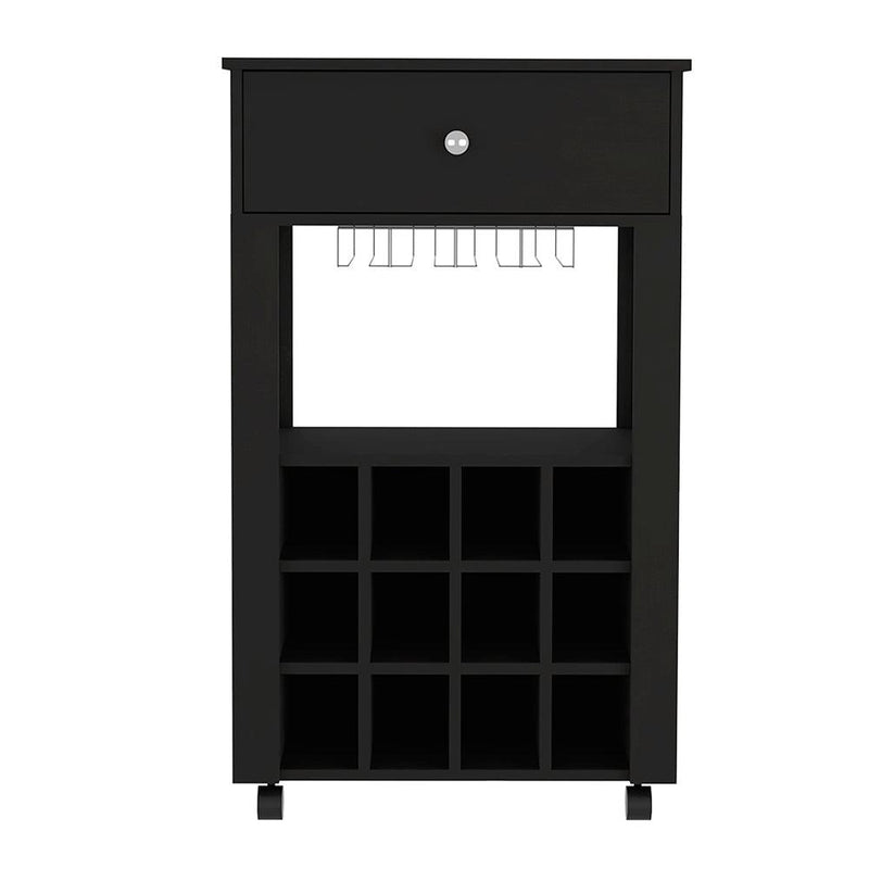 Bar Cart Bayamon, Twelve Wine Cubbies, Four Legs, Black Wengue Finish - Supfirm