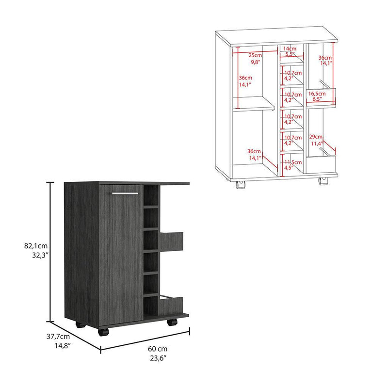 Bar Cart Wells, Four Casters, Six Wine Cubbies, Single Door Cabinet, Smokey Oak Finish - Supfirm