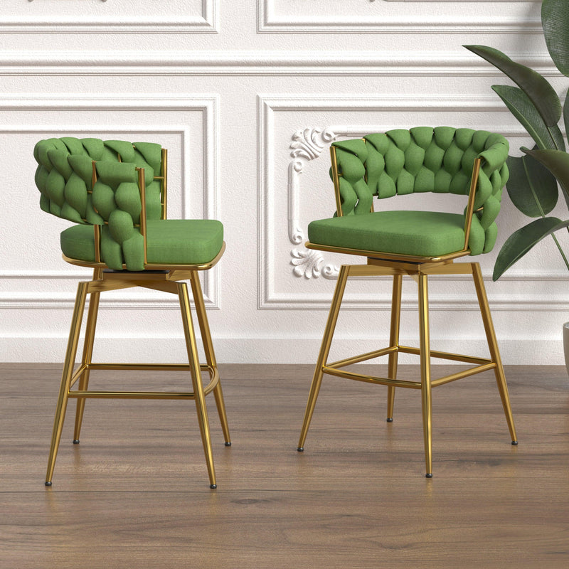 Bar Chair Linen Woven Bar Stool Set of 2,Golden legs Barstools No Adjustable Kitchen Island Chairs,360 Swivel Bar Stools Upholstered Bar Chair Counter Stool Arm Chairs with Back Footrest, (Green) - Supfirm