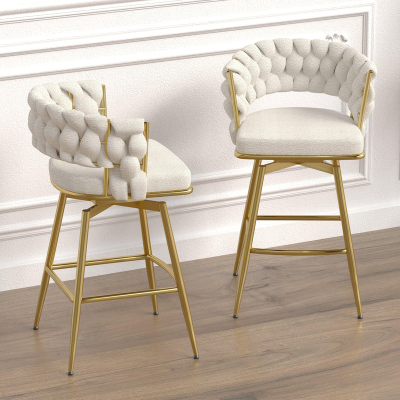 Bar Chair Toweling Woven Bar Stool Set of 2,Golden legs Barstools No Adjustable Kitchen Island Seat Chairs,360 Swivel Bar Stools Upholstered Counter Stool Arm Chairs with Back Footrest, (White) - Supfirm