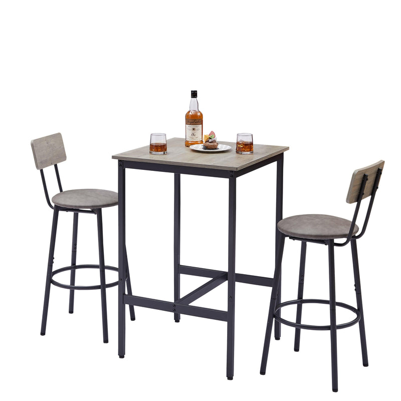 Bar Table Set with 2 Bar stools PU Soft seat with backrest, Grey, 23.62'' W x 23.62'' D x 35.43'' H - Supfirm