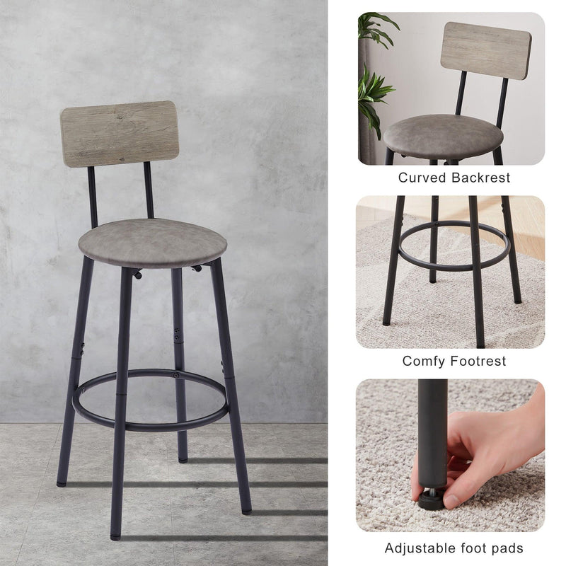 Bar Table Set with 2 Bar stools PU Soft seat with backrest, Grey, 23.62'' W x 23.62'' D x 35.43'' H - Supfirm