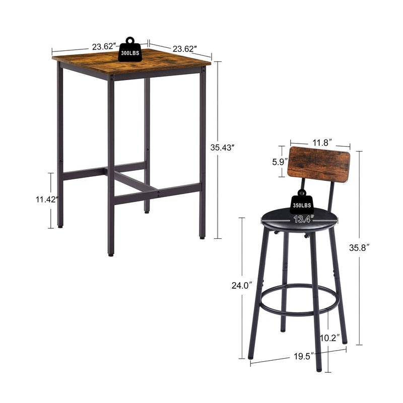 Bar Table Set with 2 Bar stools PU Soft seat with backrest, Rustic Brown, 23.62'' W x 23.62'' D x 35.43'' H - Supfirm