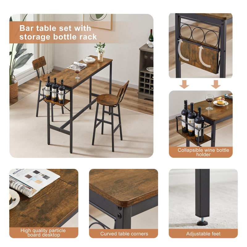 Bar Table Set with wine bottle storage rack. Rustic Brown, 47.24'' L x 15.75'' W x 35.43'' H. - Supfirm