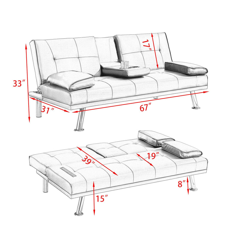 Black Leather Multifunctional Double Folding Sofa Bed for Office with Coffee Table - Supfirm