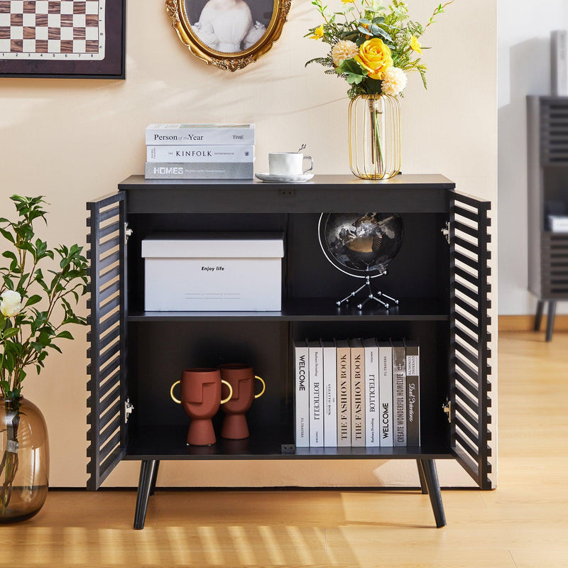 Black Sideboard Buffet Cabinet, Accent Storage Cabinet Kitchen Console Table with 2 Hollowed-Out Doors, Freestanding 2-Tier Cupboard with Storage for Entryway Living Room Bedroom - Supfirm