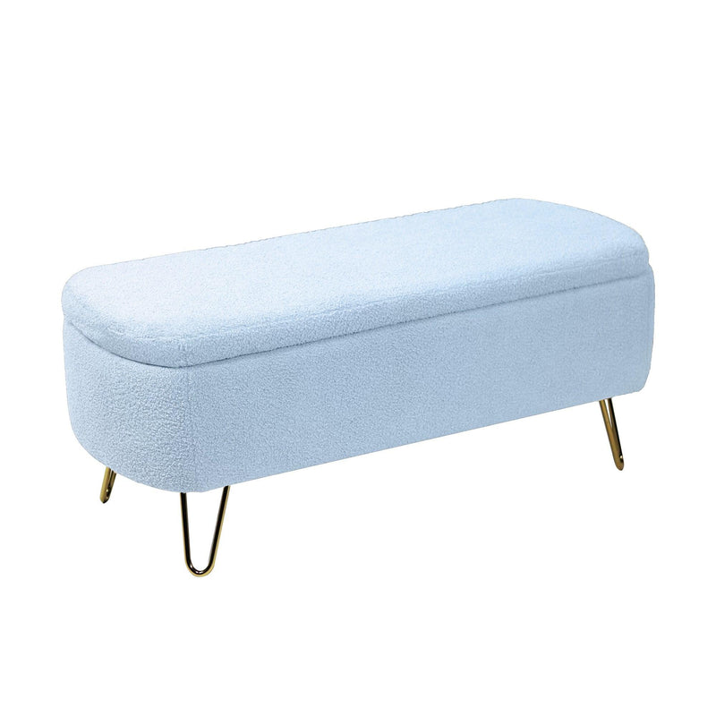 Blue Storage Ottoman Bench for End of Bed Gold Legs, Modern Grey Faux Fur Entryway Bench Upholstered Padded with Storage for Living Room Bedroom - Supfirm