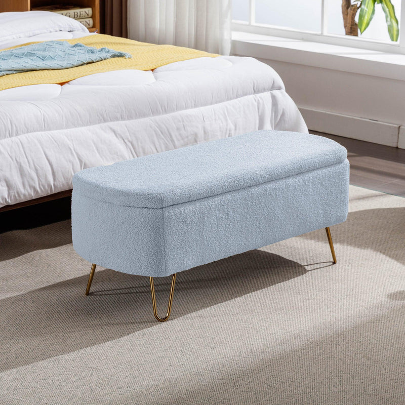 Blue Storage Ottoman Bench for End of Bed Gold Legs, Modern Grey Faux Fur Entryway Bench Upholstered Padded with Storage for Living Room Bedroom - Supfirm