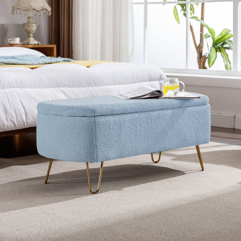 Blue Storage Ottoman Bench for End of Bed Gold Legs, Modern Grey Faux Fur Entryway Bench Upholstered Padded with Storage for Living Room Bedroom - Supfirm