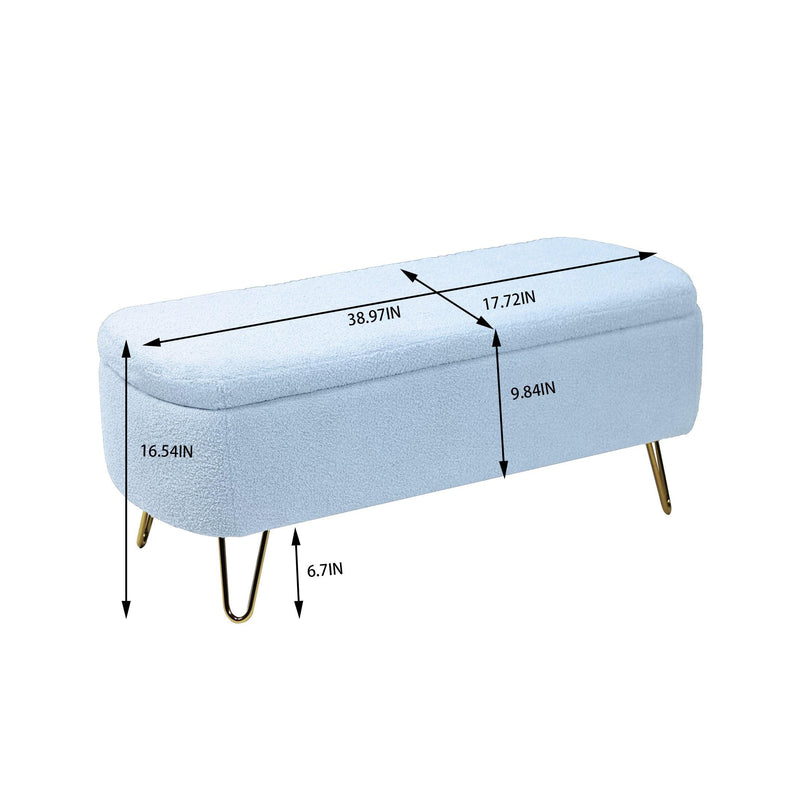 Blue Storage Ottoman Bench for End of Bed Gold Legs, Modern Grey Faux Fur Entryway Bench Upholstered Padded with Storage for Living Room Bedroom - Supfirm