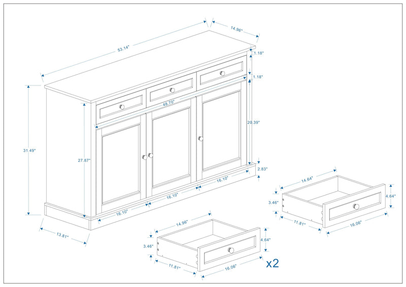 Buffet Cabinet Storage Sideboard Farmhouse Server Bar Wine Cabinet with 3 Drawers & 3 Doors Adjustable Shelves for Dining Living Room Kitchen Cupboard-White - Supfirm