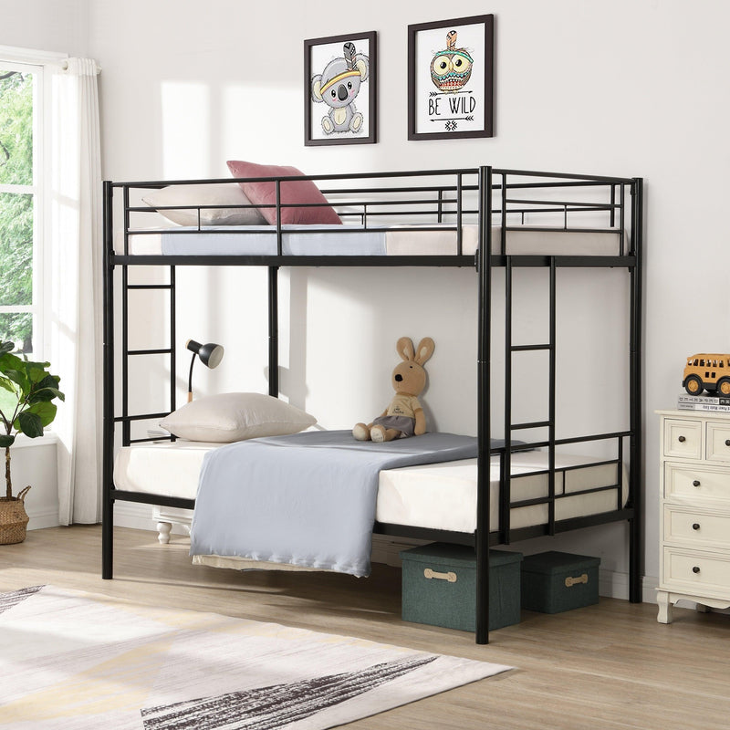 Bunk Bed Twin Over Twin Size with 2 Ladders and Full-Length Guardrail, Metal, No Box Spring Needed, Noise Free, Black - Supfirm