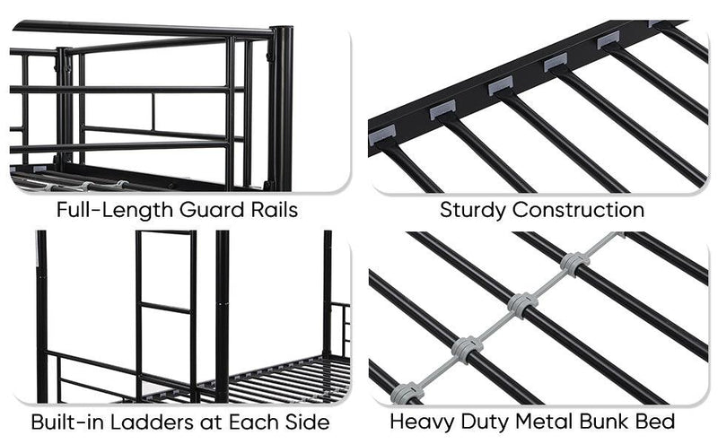 Bunk Bed Twin Over Twin Size with 2 Ladders and Full-Length Guardrail, Metal, No Box Spring Needed, Noise Free, Black - Supfirm