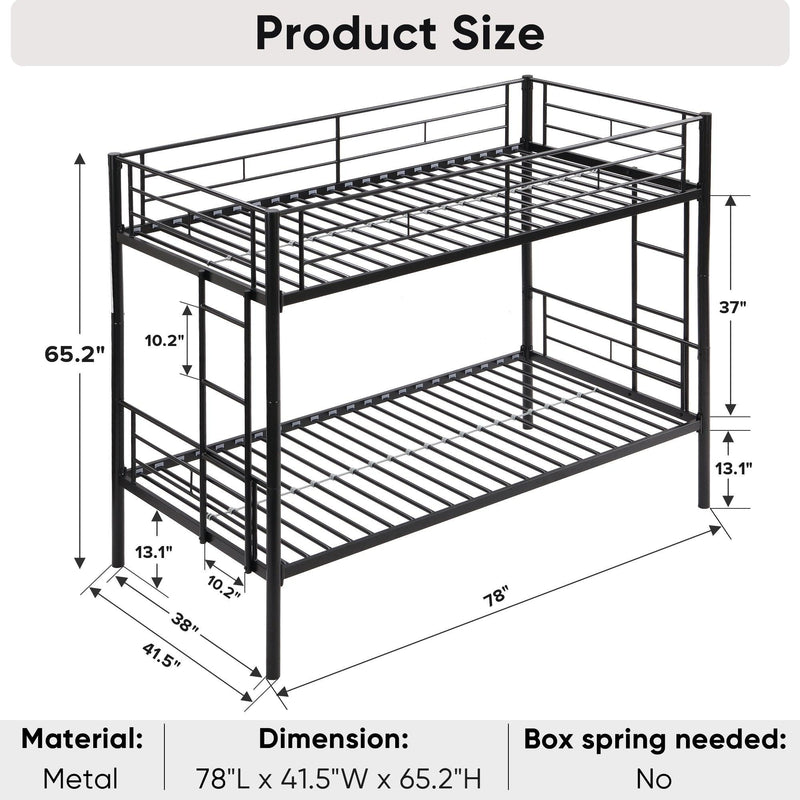 Bunk Bed Twin Over Twin Size with 2 Ladders and Full-Length Guardrail, Metal, No Box Spring Needed, Noise Free, Black - Supfirm