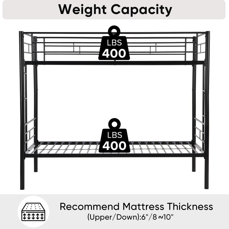 Bunk Bed Twin Over Twin Size with 2 Ladders and Full-Length Guardrail, Metal, No Box Spring Needed, Noise Free, Black - Supfirm