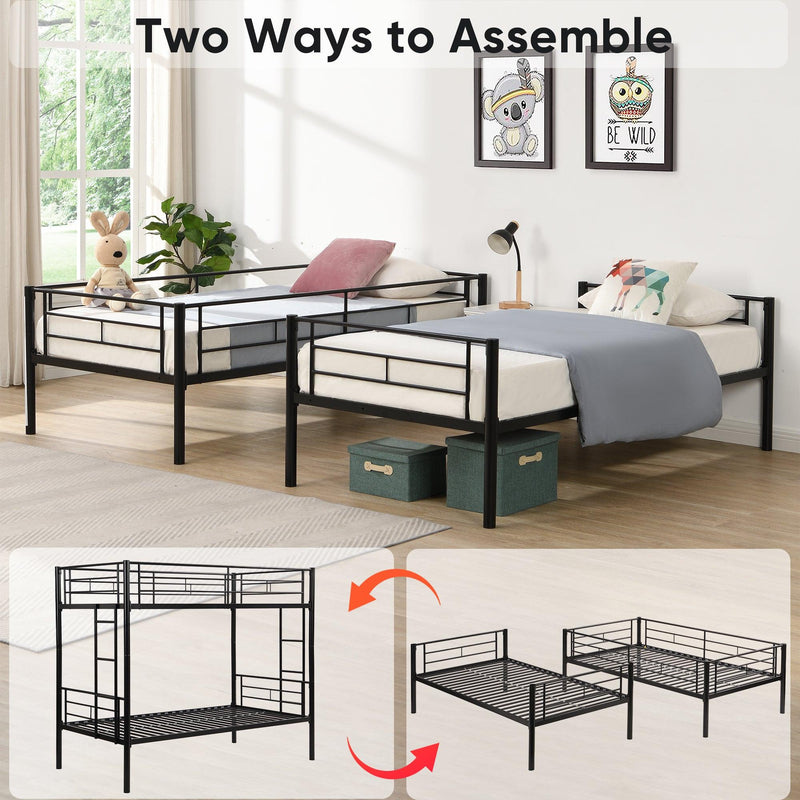 Bunk Bed Twin Over Twin Size with 2 Ladders and Full-Length Guardrail, Metal, No Box Spring Needed, Noise Free, Black - Supfirm