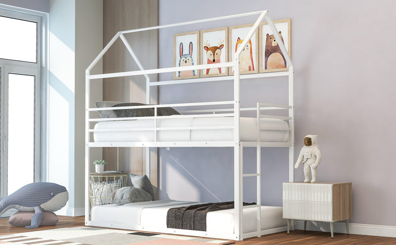 Bunk Beds for Kids Twin over Twin,House Bunk Bed Metal Bed Frame Built-in Ladder,No Box Spring Needed White - Supfirm