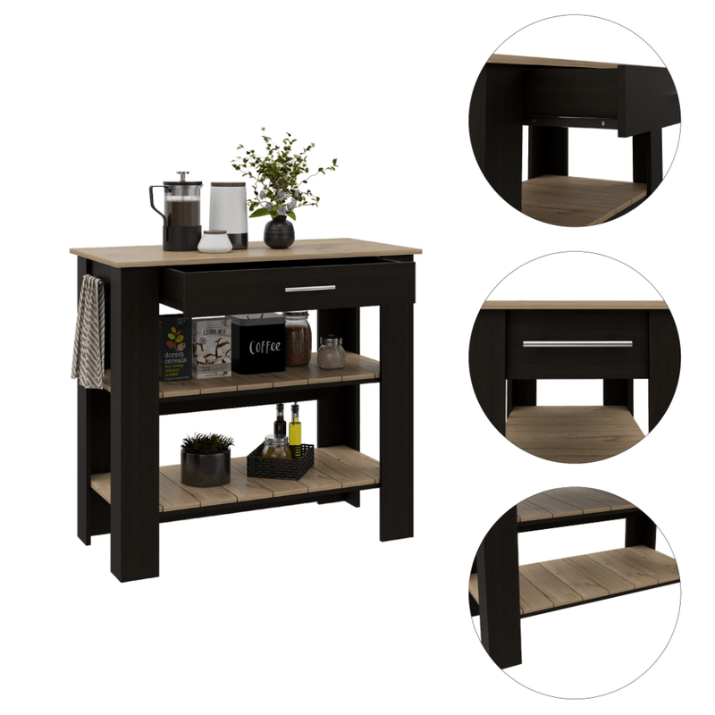 Cala Kitchen Island 40, Two Shelves, One Drawer, Four Legs -Black / Light Oak - Supfirm