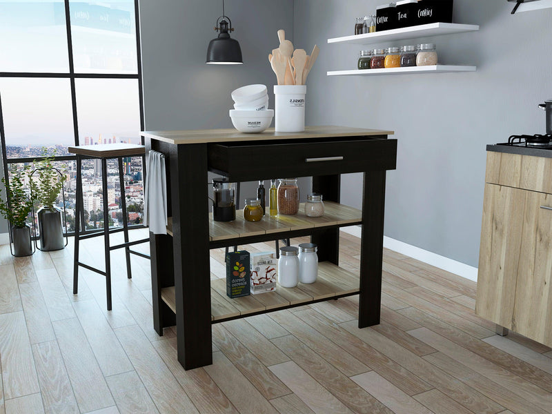 Cala Kitchen Island 40, Two Shelves, One Drawer, Four Legs -Black / Light Oak - Supfirm