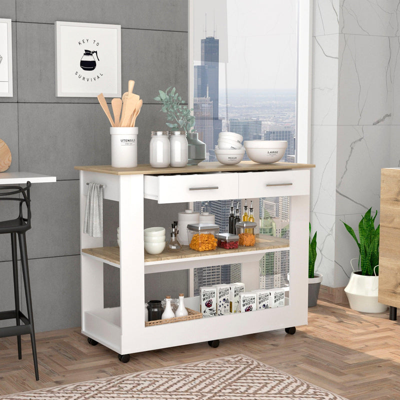 Cala Kitchen Island 46, Six Casters, Two Drawers, Lower Open Shelf -White / Light Oak - Supfirm