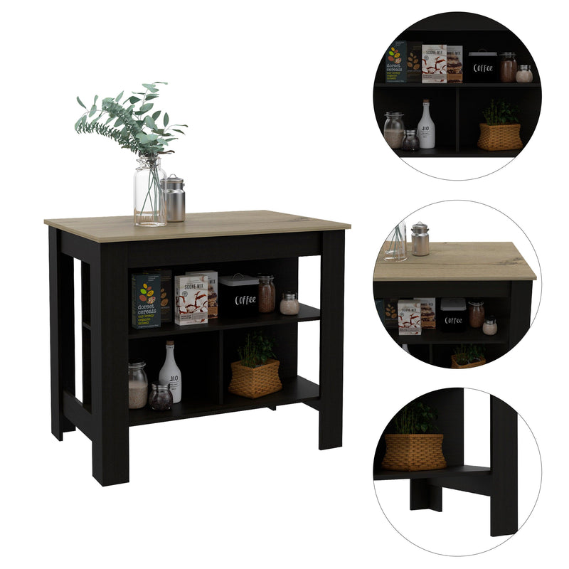 Cala Kitchen Island, Four Legs, Three Shelves -Black / Light Oak - Supfirm