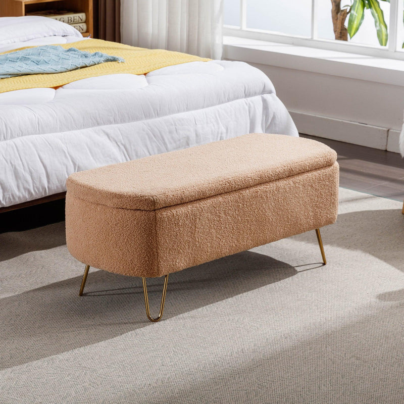 Camel Storage Ottoman Bench for End of Bed Gold Legs, Modern Camel Faux Fur Entryway Bench Upholstered Padded with Storage for Living Room Bedroom - Supfirm