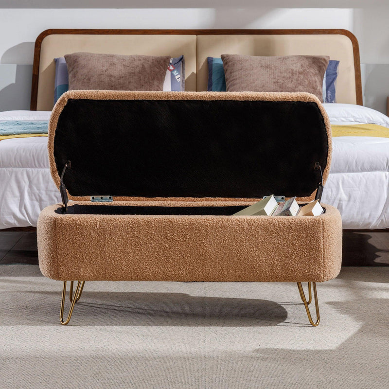 Camel Storage Ottoman Bench for End of Bed Gold Legs, Modern Camel Faux Fur Entryway Bench Upholstered Padded with Storage for Living Room Bedroom - Supfirm