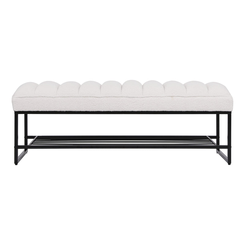 Channel Tufted Bench with Metal Shelf White Sherpa Upholstered Benches End of Bed Ottoman for Bedroom, Living Room, Entryway (White) - Supfirm