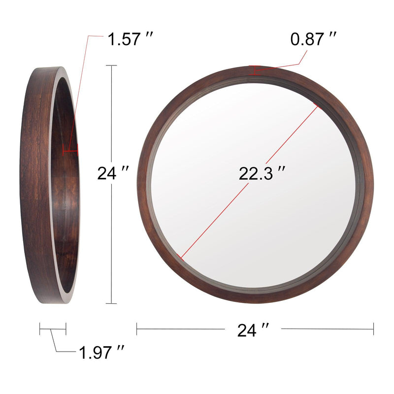 Supfirm Circle Mirror with Wood Frame, Round Modern Decoration Large Wall Mirror for Bathroom Living Room Bedroom Entryway, Walnut Brown, 24" - Supfirm