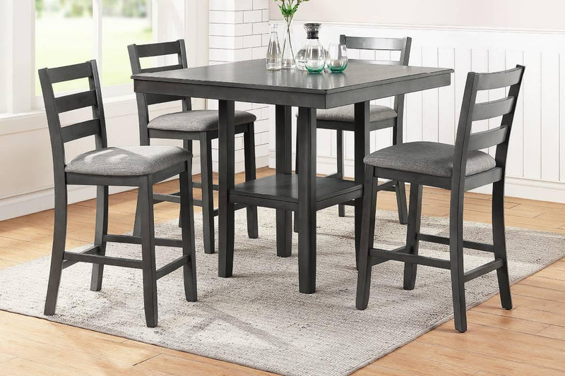 Classic Dining Room Furniture Gray Finish Counter Height 5pc Set Square Dining Table w Shelves Cushion Seat Ladder Back High Chairs Solid wood - Supfirm