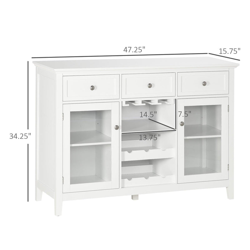 Coffee Bar Cabinet with 3 Drawers, 6-Bottle Wine Cubbies Rack, Stemware Racks, Glass Door, Sideboard Buffet Cabinet, Wine Cabinet, White - Supfirm