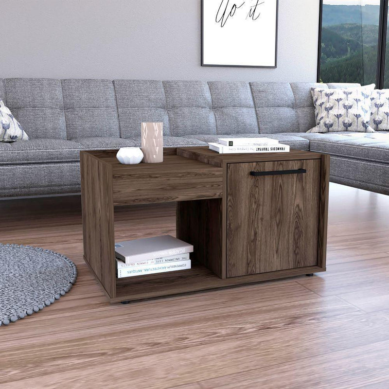 Coffee Table Dext, Single Door Cabinet, One Open Shelf, Dark Walnut Finish - Supfirm