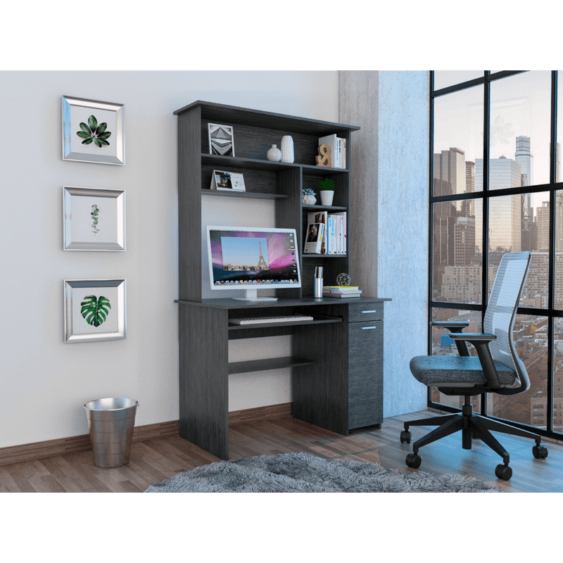 Compu 180 Hutch Desk, Multiple Shelves, Retractable Keyboard Tray, CPU Door Panel, One Drawer, Grey Oak -Smokey Oak - Supfirm