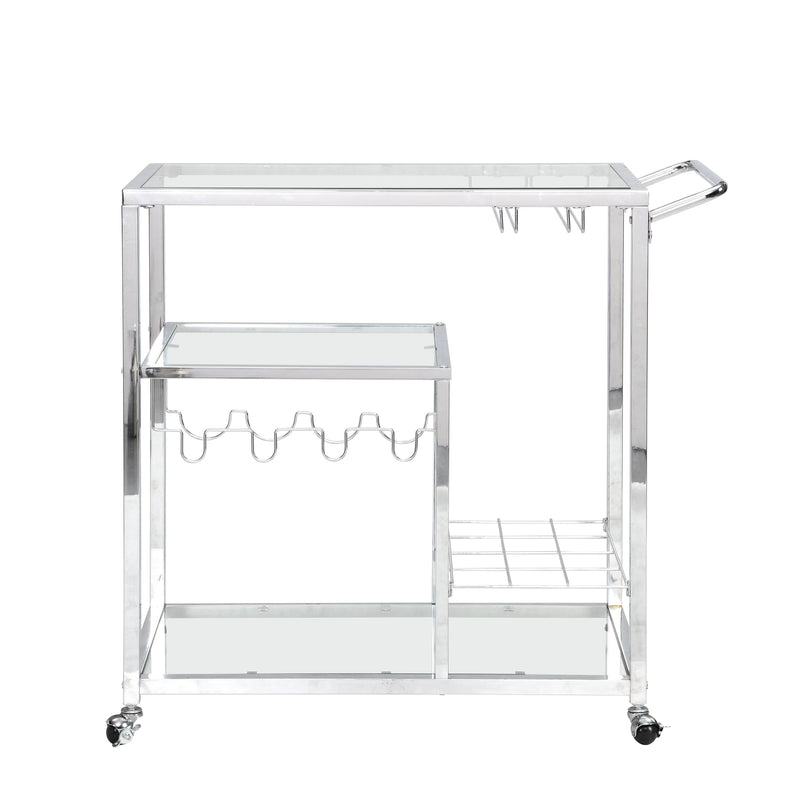 Contemporary Chrome Bar Serving Cart Silver Modern Glass Metal Frame Wine Cubbies Storage - Supfirm