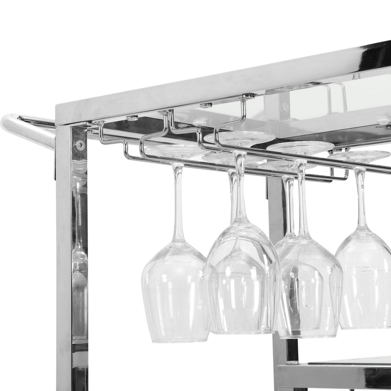 Contemporary Chrome Bar Serving Cart Silver Modern Glass Metal Frame Wine Cubbies Storage - Supfirm