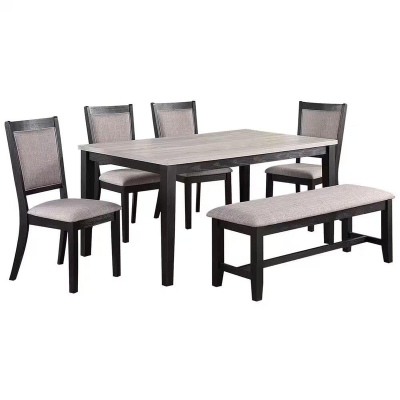 Contemporary Dining 6pc Set Table w 4x Side Chairs And Bench Padded Upholstered Cushion Seats Chairs Solid wood And Veneers Dining Room Furniture - Supfirm