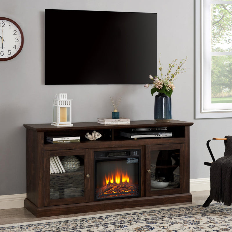 Contemporary TV Media Stand Modern Entertainment Console with 18" Fireplace Insert for TV Up to 65" with Open and Closed Storage Space, Brown, 60"W*15.75"D*29"H - Supfirm