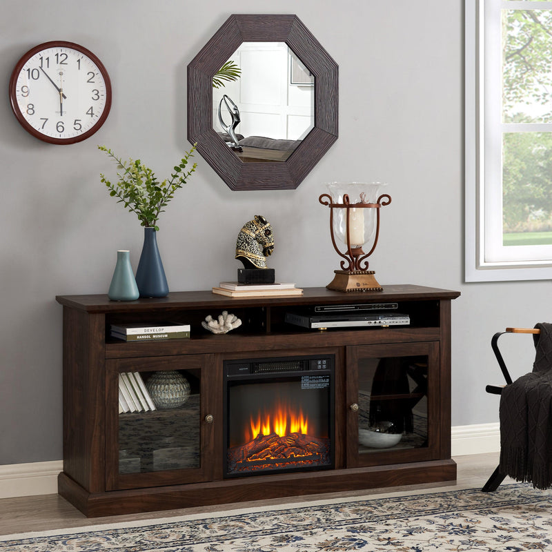 Contemporary TV Media Stand Modern Entertainment Console with 18" Fireplace Insert for TV Up to 65" with Open and Closed Storage Space, Brown, 60"W*15.75"D*29"H - Supfirm