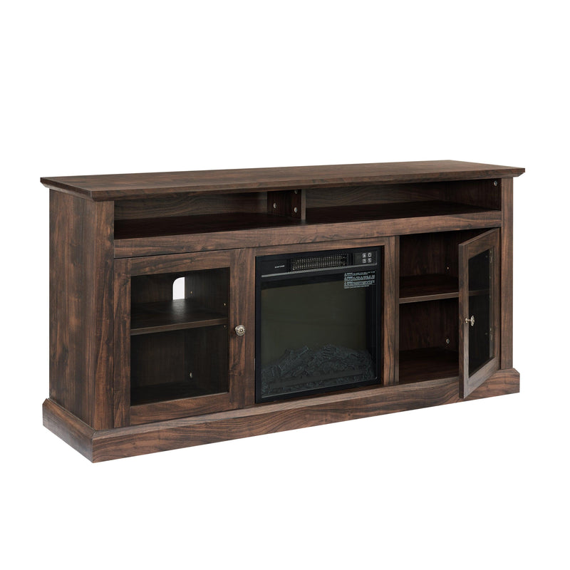 Contemporary TV Media Stand Modern Entertainment Console with 18" Fireplace Insert for TV Up to 65" with Open and Closed Storage Space, Brown, 60"W*15.75"D*29"H - Supfirm