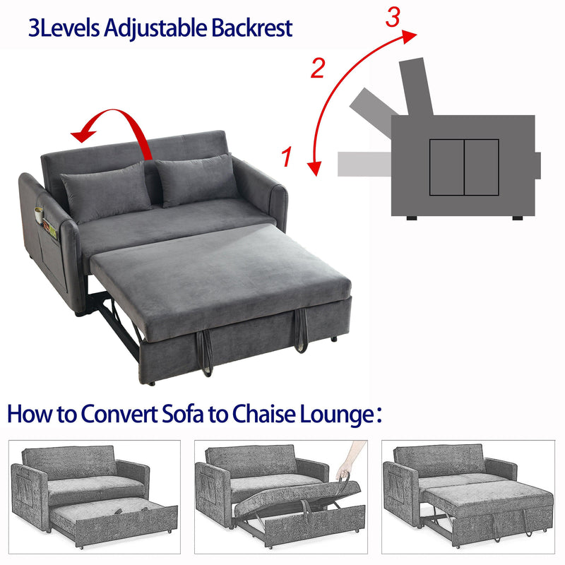 Convertible Sofa Bed, 3-in-1 Versatile Velvet Double Sofa with Pullout Bed, Seat with Adjustable Backrest, Lumbar Pillows, and Living Room Side Pockets, 54 Inch, Grey - Supfirm