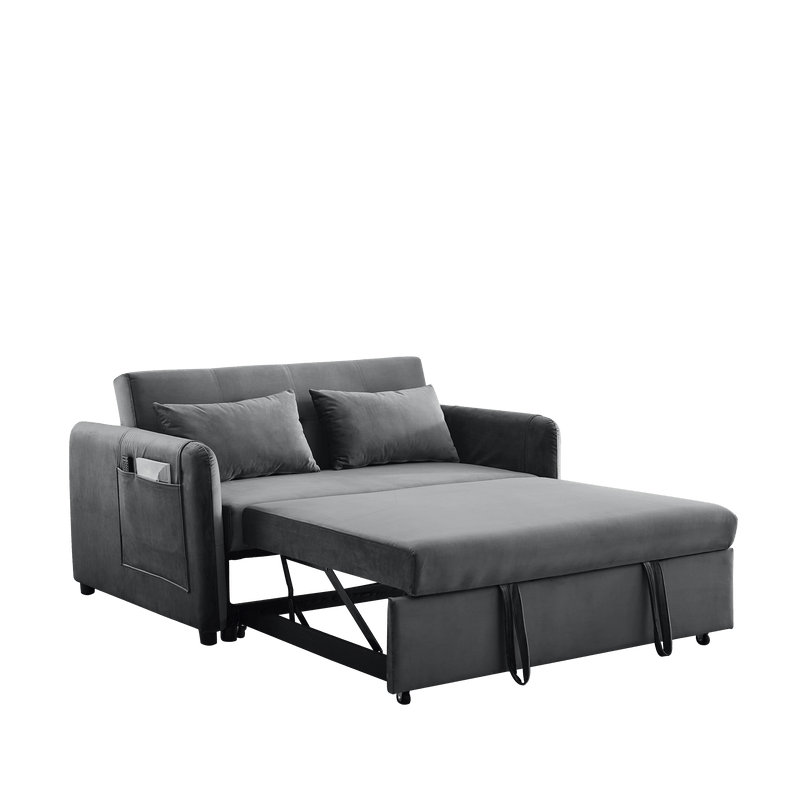 Convertible Sofa Bed, 3-in-1 Versatile Velvet Double Sofa with Pullout Bed, Seat with Adjustable Backrest, Lumbar Pillows, and Living Room Side Pockets, 54 Inch, Grey - Supfirm