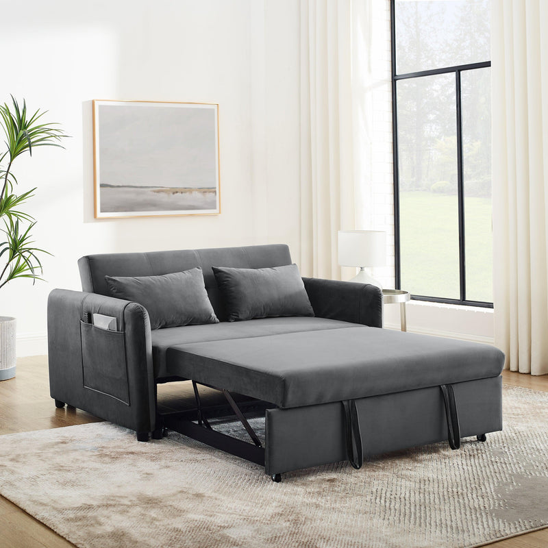 Convertible Sofa Bed, 3-in-1 Versatile Velvet Double Sofa with Pullout Bed, Seat with Adjustable Backrest, Lumbar Pillows, and Living Room Side Pockets, 54 Inch, Grey - Supfirm