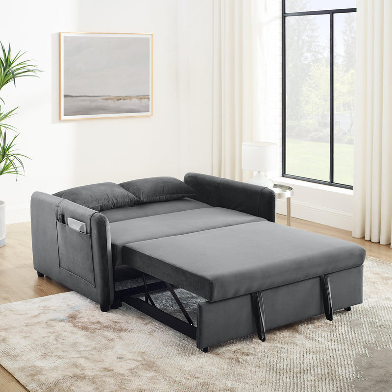 Convertible Sofa Bed, 3-in-1 Versatile Velvet Double Sofa with Pullout Bed, Seat with Adjustable Backrest, Lumbar Pillows, and Living Room Side Pockets, 54 Inch, Grey - Supfirm