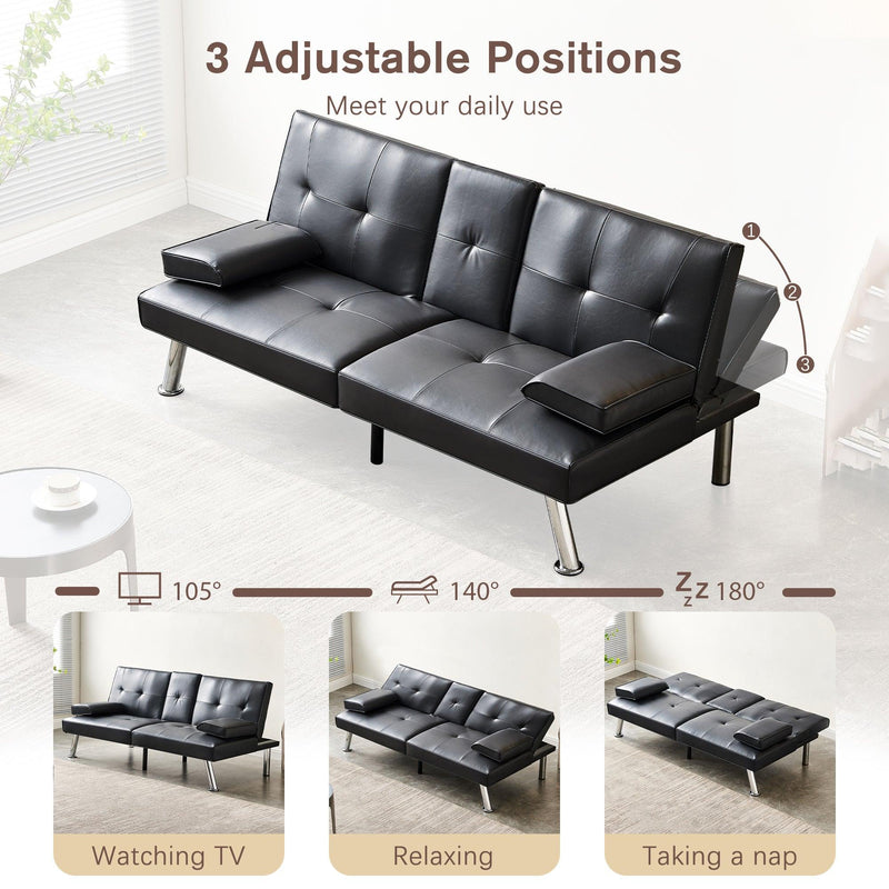 Convertible Sofa Bed Adjustable Couch Sleeper Modern Faux Leather Recliner Reversible Loveseat Folding Daybed Guest Bed, Removable Armrests, Cup Holders, 3 Angles, , Black - Supfirm
