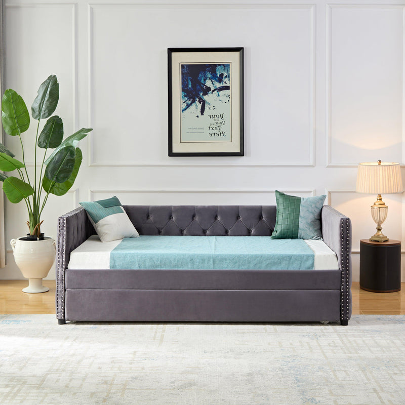 Daybed with Trundle Sofa Bed, upgraded velvet upholstered sofa bed, with Button and copper nail on square arms,bedroom living room furniture (Grey,Twin,83.47"x41.91"x30.71") - Supfirm